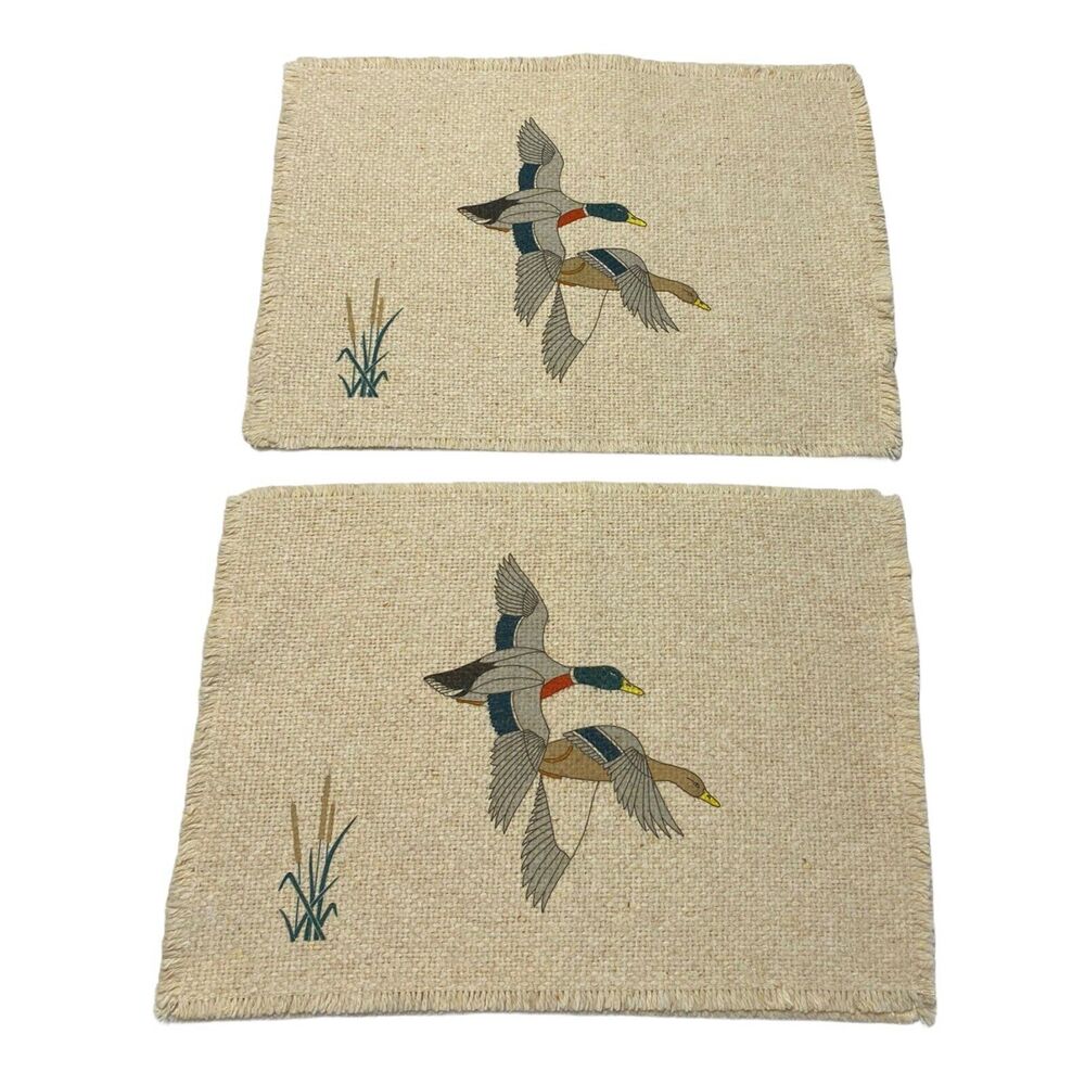 VTG Set of 4 Ivory Placemats  Handcrafts Ducks Print American Print USA